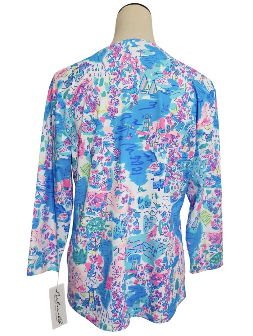 Lulu-B Women Size Large UPF 50+ Cooling Top 3/4 Sleeve V Neck Coastal Print NWT - Picture 5 of 14